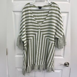 Evans Woman's 22 24 3X Cream/Olive Green Striped Bell Ruffle Sleeve Tunic Blouse